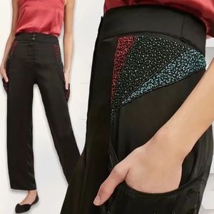 Anthropologie Raga Silk Pants, Black with embellishment, NWT S